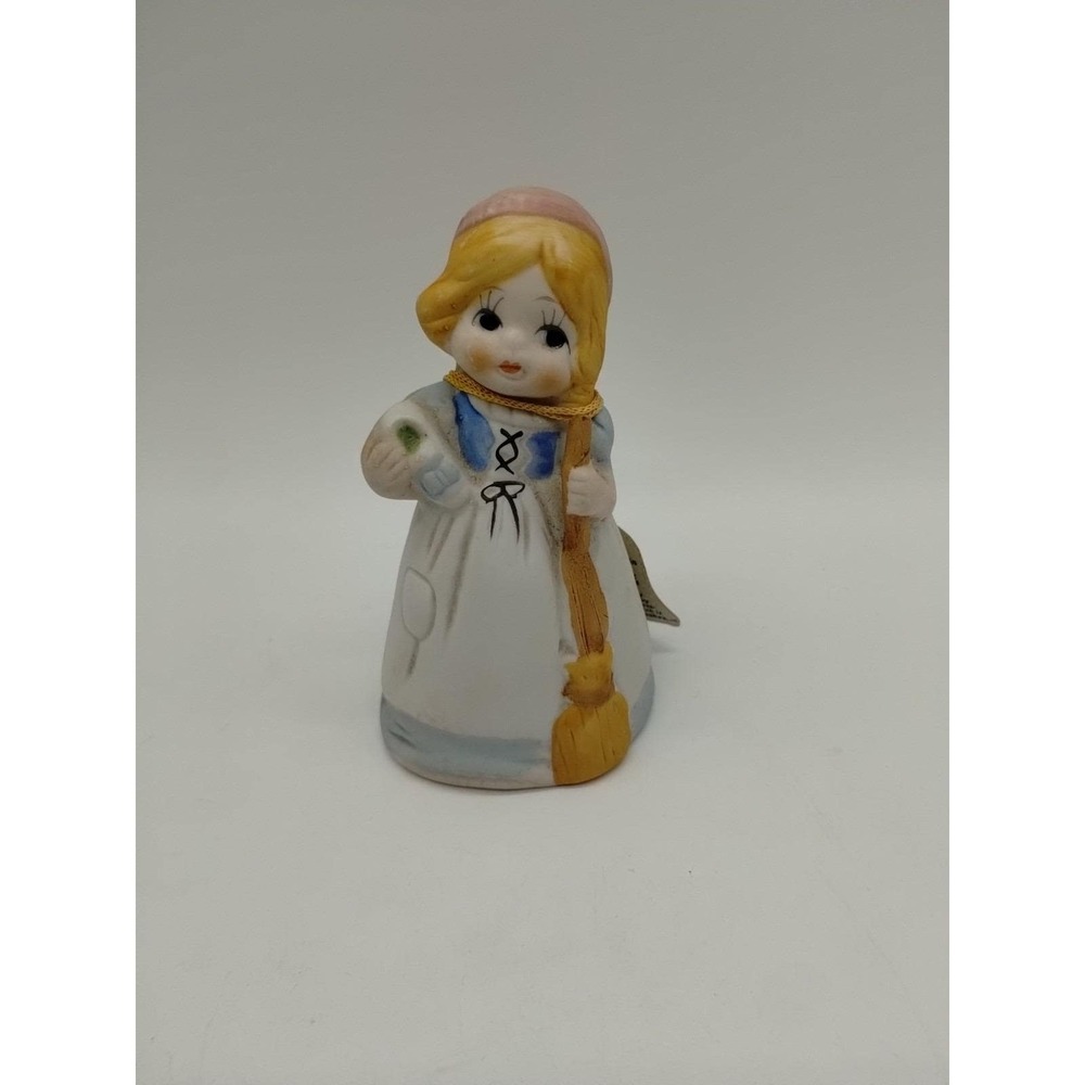 Vintage 1978 Jasco Merri Bells Bisque Porcelain Girl Holding Broom Bell Figurine